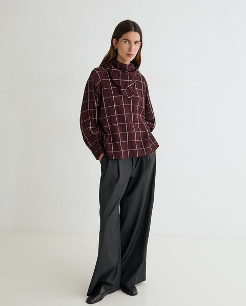 Yerse - Chiara Check Shirt With Scarf Burgundy