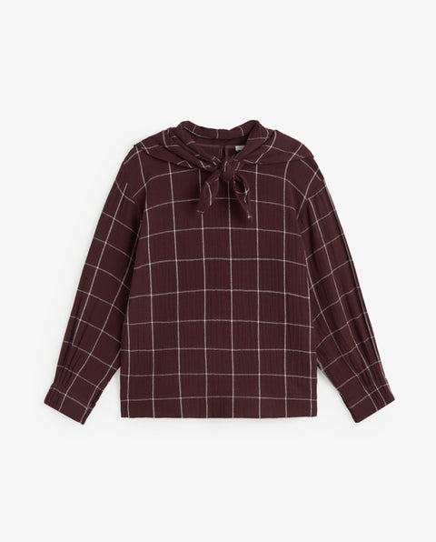 Yerse - Chiara Check Shirt With Scarf Burgundy