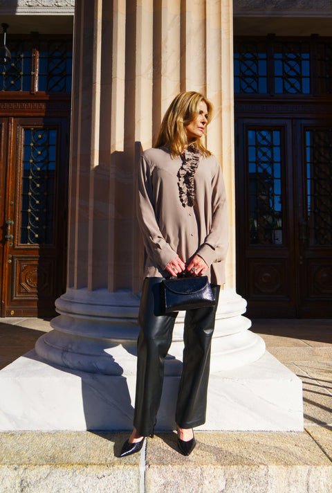 MeiMeij - Catalina Silk Blend Blouse With Ruffle Taupe