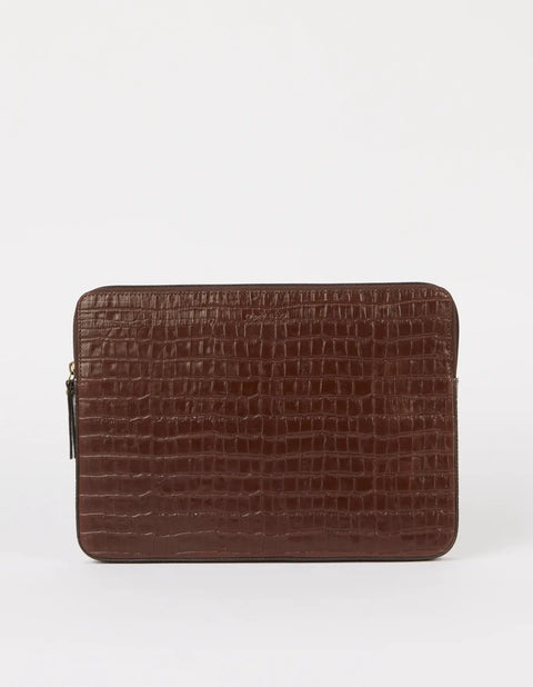 O My Bag - Laptop Sleeve Leather Croco Print Chocolate - UNNA S