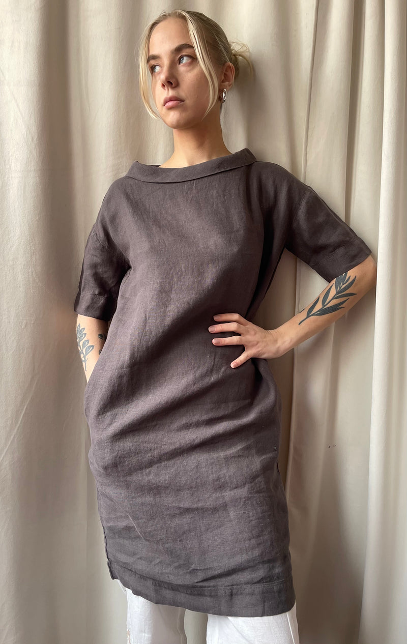 By Basics - Linen Dress With Collar Black Coffee
