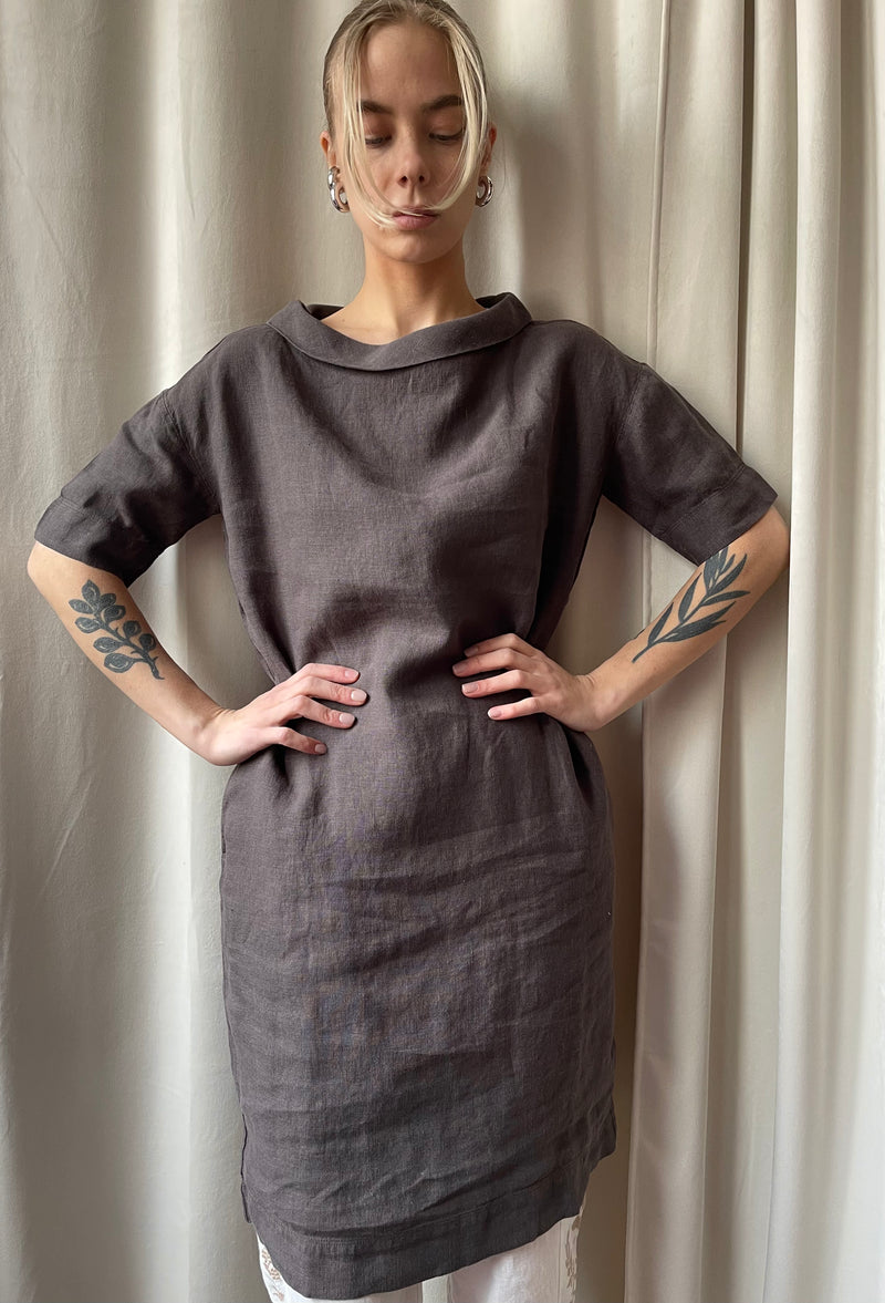 By Basics - Linen Dress With Collar Black Coffee