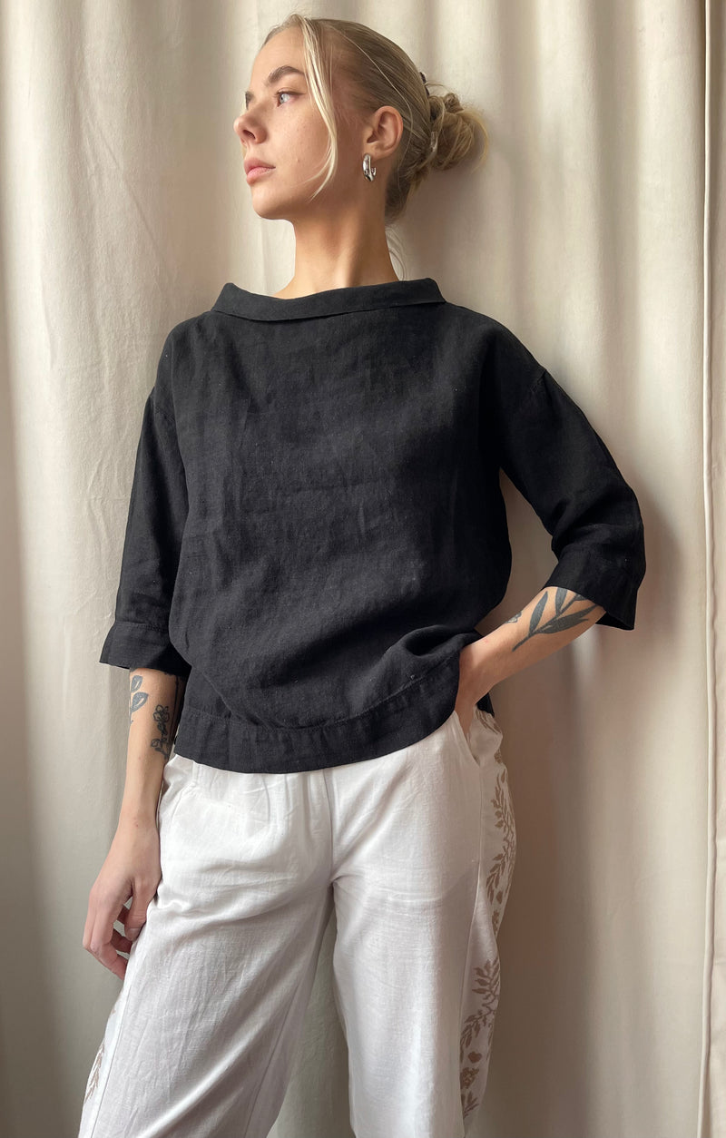 By Basics - Linen Blouse With Collar Black