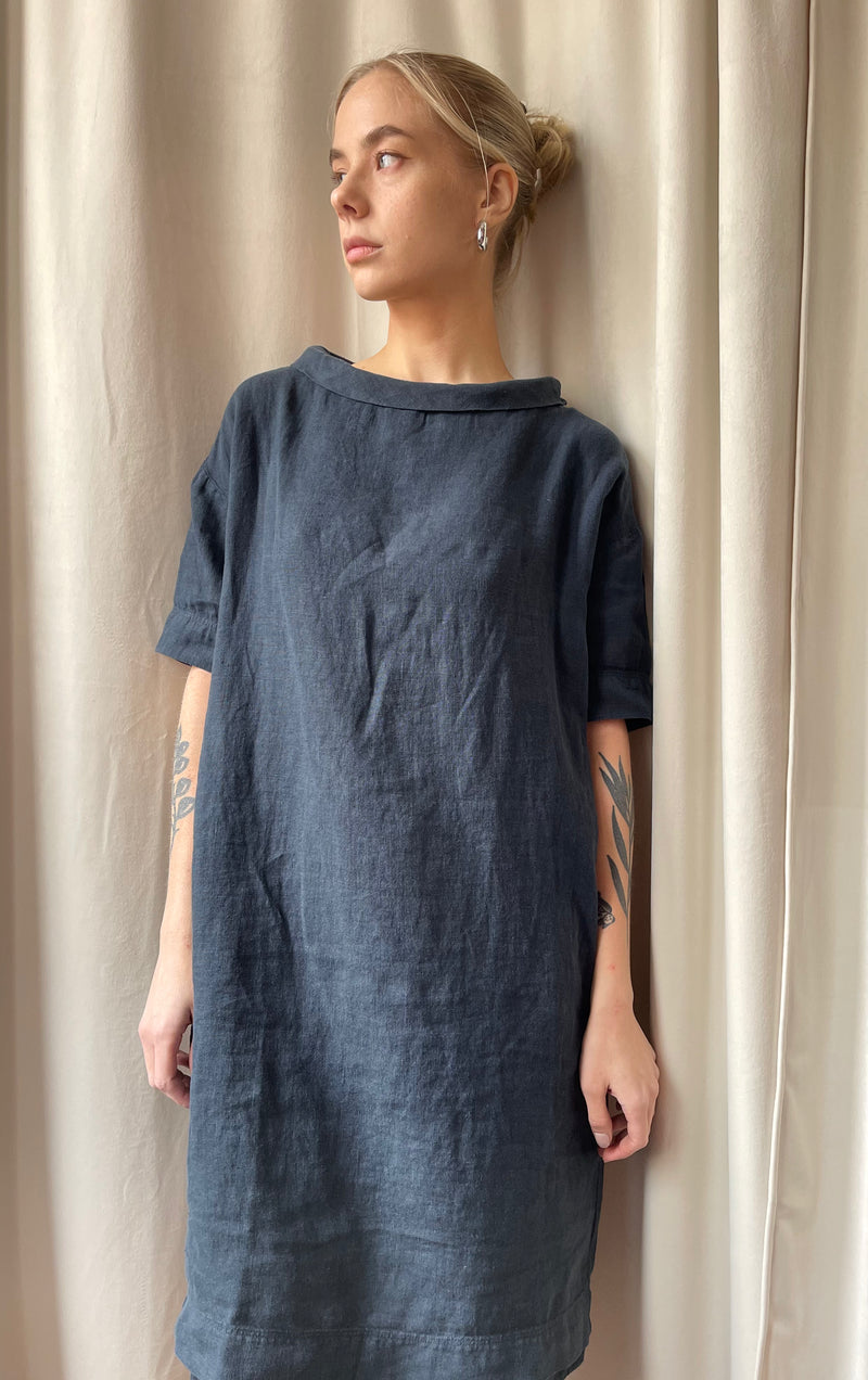 By Basics - Linen Dress With Collar Midnight Blue