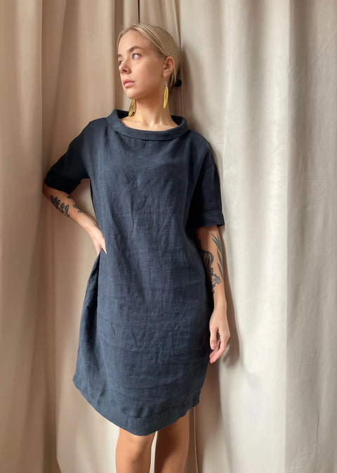 By Basics - Linen Dress With Collar Midnight Blue - UNNA S