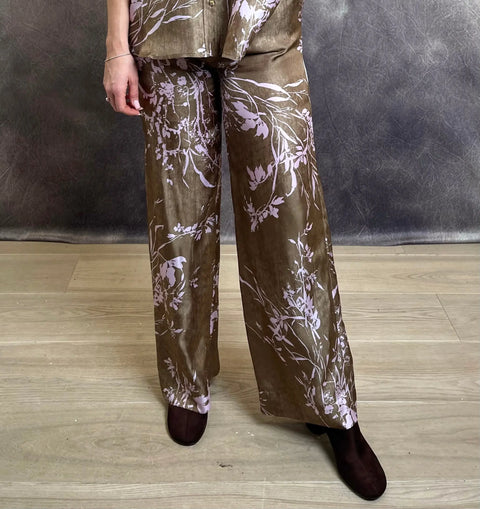 LaSalle - Evi Wide Silk Trousers Khaki/Lilac UnnaS