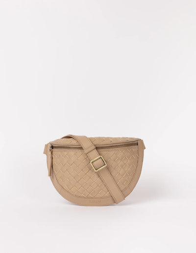 O My Bag Ray Bumbag in sand woven Soft Grain leather, featuring a stylish design with textured finish.