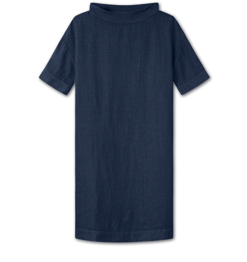 By Basics - Linen Dress With Collar Midnight Blue