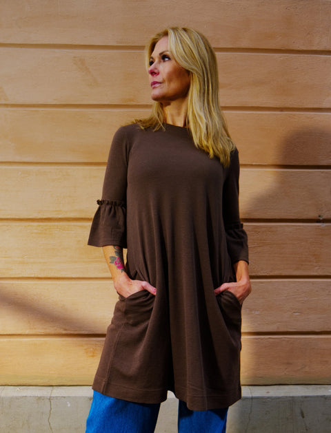 By Basics - Ruffel Sleeve Merino Dress Chestnut