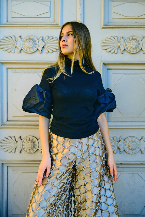 MeiMeij - Azalea Puff Sleeve Polo Knit Black