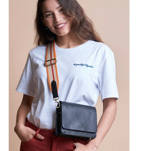 O My Bag - Orange & Red Webbing Strap Black Leather - UNNA S
